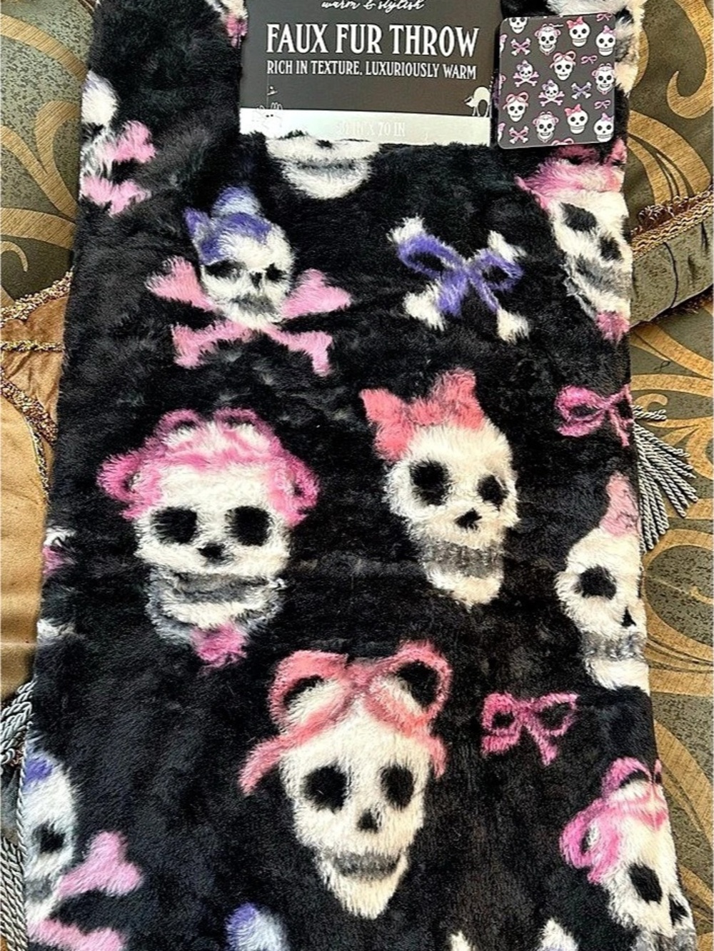 Blanket Skull Bow Print Lunaville Faux Fur Throw Black Pink 59x70” New